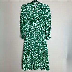 VINTAGE 60s HELGA Green White Leaf Spot Print Satin Double Breasted Button Dress